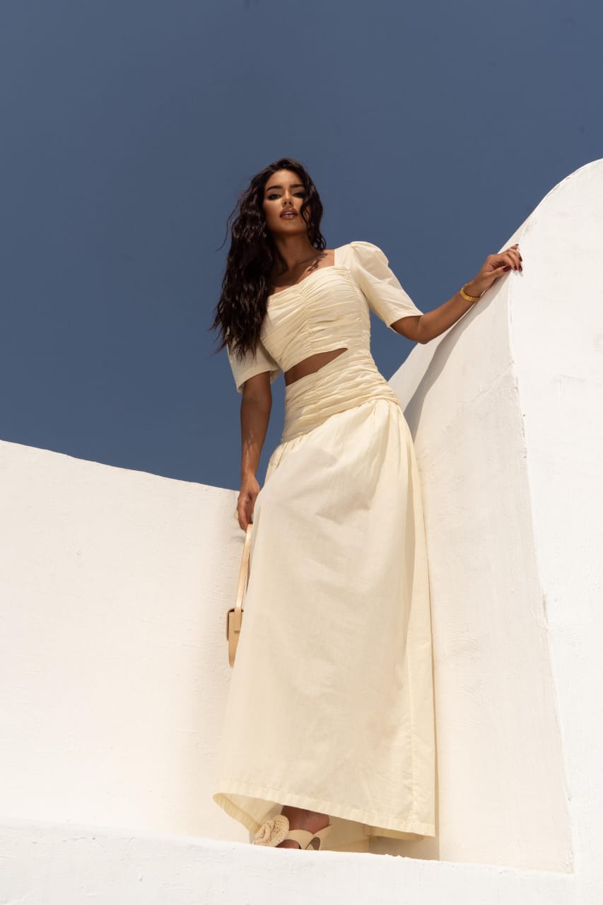 Vestido Longo Saia Gode Drapeado Recorte Cintura Voil Summer