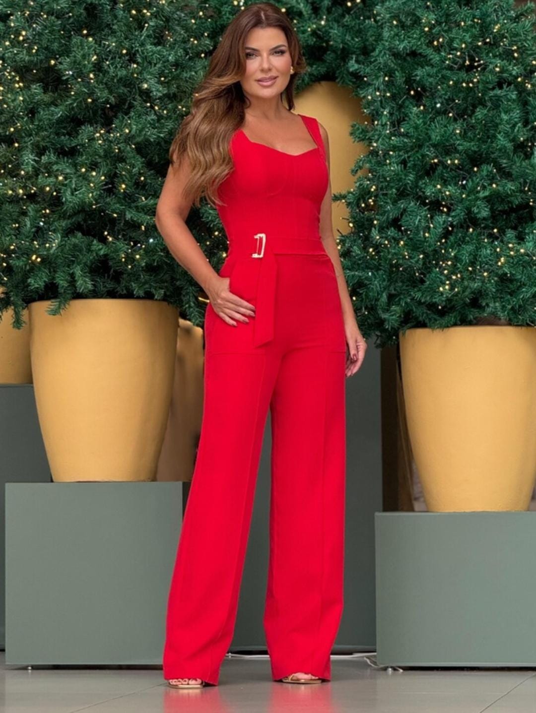 Macacão Pantalona corset Cinto Embutido Celeste