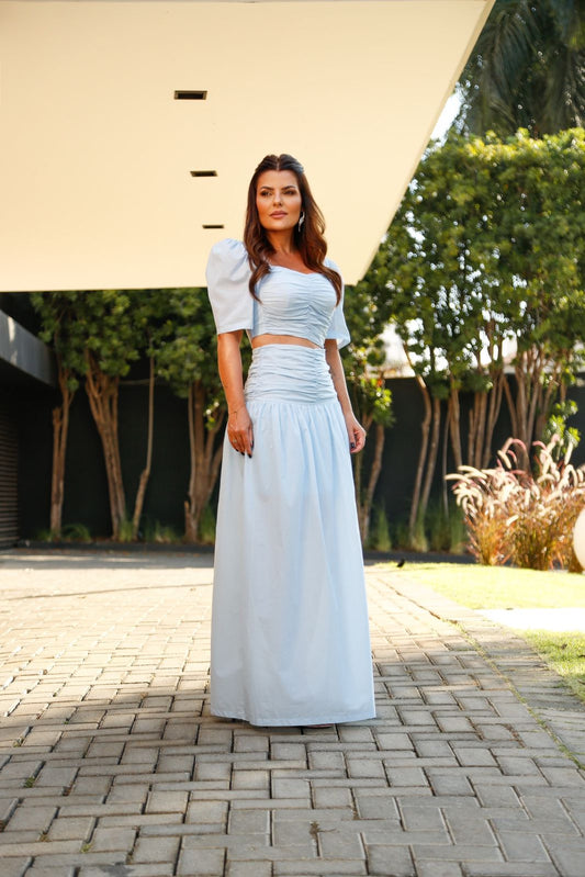 Vestido Longo Saia Gode Drapeado Recorte Cintura Voil Summer